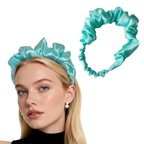 Handmade Accessories - Blue Satin Headband wrap scrunched For Women’s And Girls Pleated design